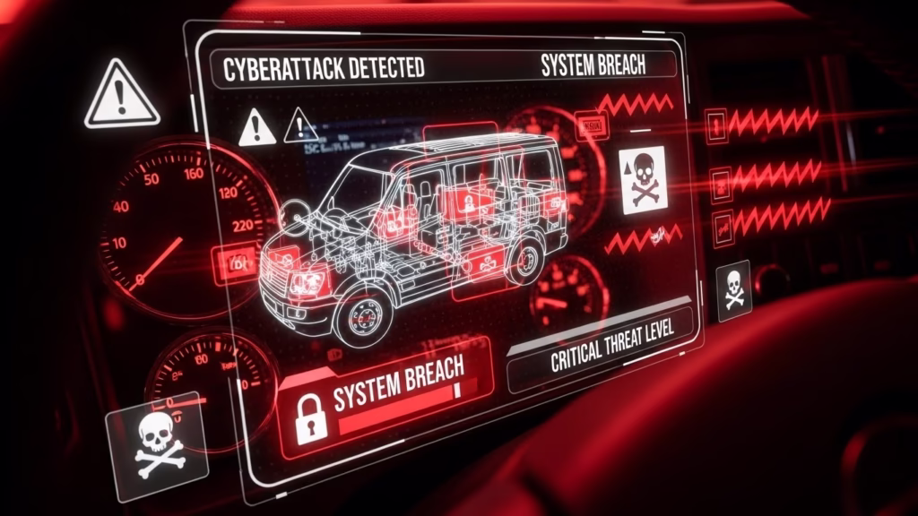 Vehicle dashboard showing holographic cyberattack warnings and digital threat alerts.