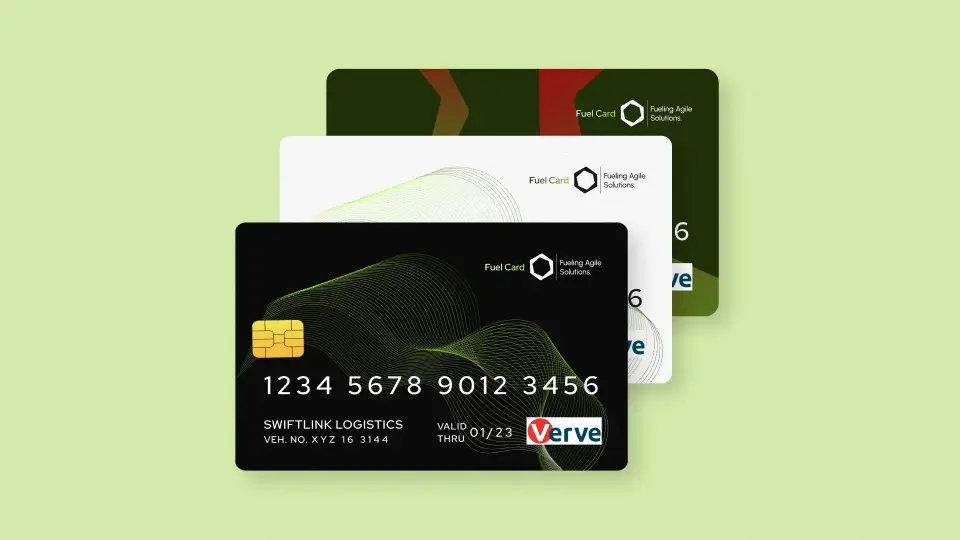 Three Fueling Agile branded prepaid fuel cards in Nigeria displaying Verve logos and corporate fleet identification.